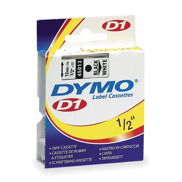 Dymo Adhesive Label Tape Cartridge 1/2" x 23 ft., Black/White 45013