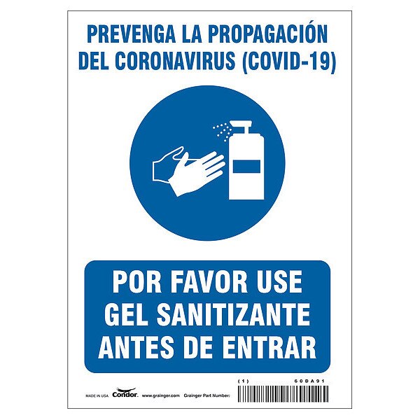 Condor Spanish Use Hand Sanitizer Sign, 10 in Height, 7 in Width, Polystyrene, Rectangle, Spanish HWB720P1007