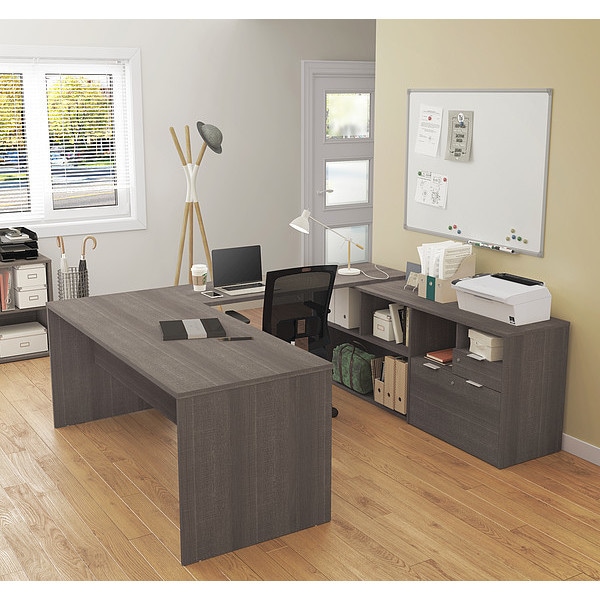Bestar U Shaped Desk U Desk, I3 Plus, 2 Drawers, Bark Gray