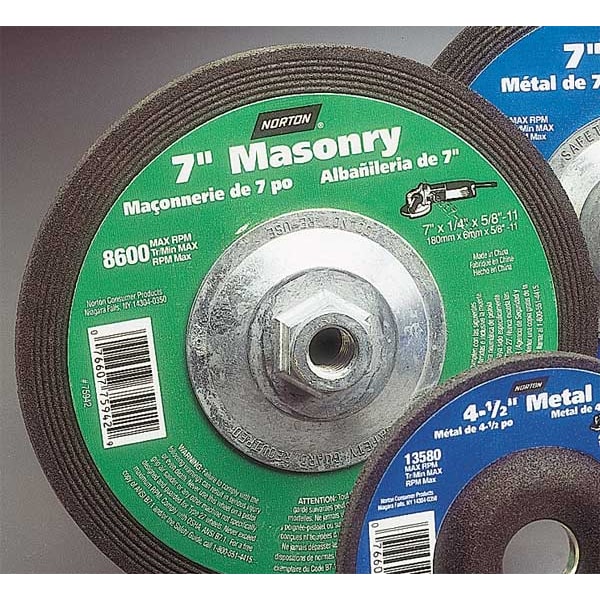 Norton Abrasives Depressed Center Wheels, Type 27, 7 in Dia, 0.25 in Thick, 5/8"11 Arbor Hole