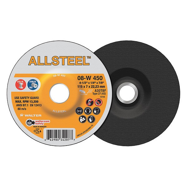 Walter Allsteel Grinding Disc, 41/2" x 1/4" 08W450 Zoro
