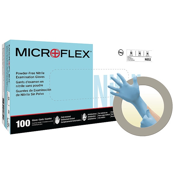 Ansell Microflex  Fully Textured Nitrile Exam Glove, Nitrile, Blue, M ( 8 ), 100 PK N85