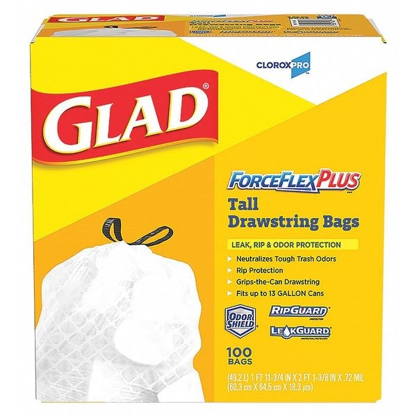 Glad Drawstring Trash Can Liner, 13 gal., PK100 70427 Zoro