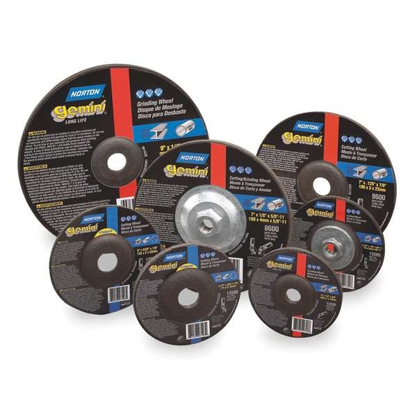 Norton Abrasives Depressed Center Wheels, Type 27, 6 in Dia, 0.25 in Thick, 7/8 in Arbor Hole Size, Aluminum Oxide 66252801865