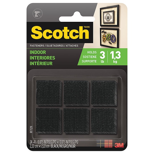 Scotch Reclosable Fastener Shape, Square, Acrylic Adhesive, 7/8 in, 7/8 in Wd, Black, 24 PK RF7121X