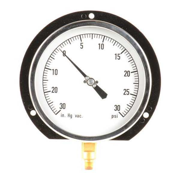 Zoro Select Compound Gauge, -30 to 0 to 30 in Hg/psi, 1/4 in MNPT, Aluminum, Black 11A508