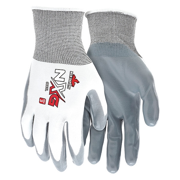 Mcr Safety Nitrile Coated Gloves, Palm Coverage, White/Gray, L, PR