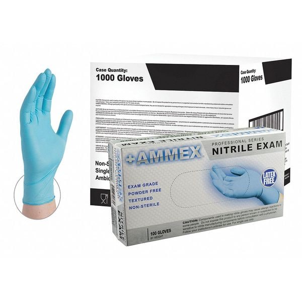 Ammex Disposable Exam Gloves, Nitrile, Powder Free, Blue, L, 1000 PK APFN46100CS