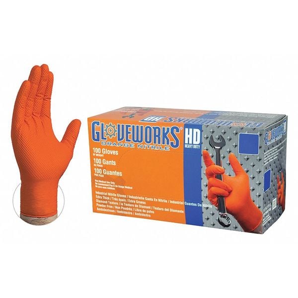 Gloveworks Hd Disposable Gloves, Nitrile, Powder Free, Orange, M, 100 PK GWON44100BX