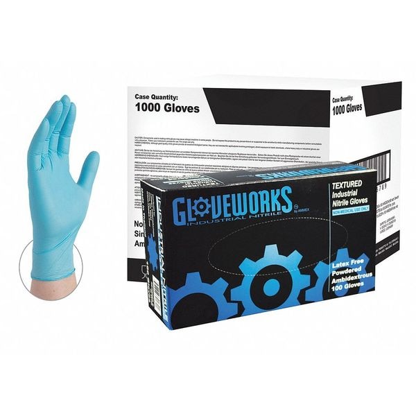 Gloveworks Disposable Gloves, Nitrile, Powdered, Blue, S, 1000 PK IN42100CS