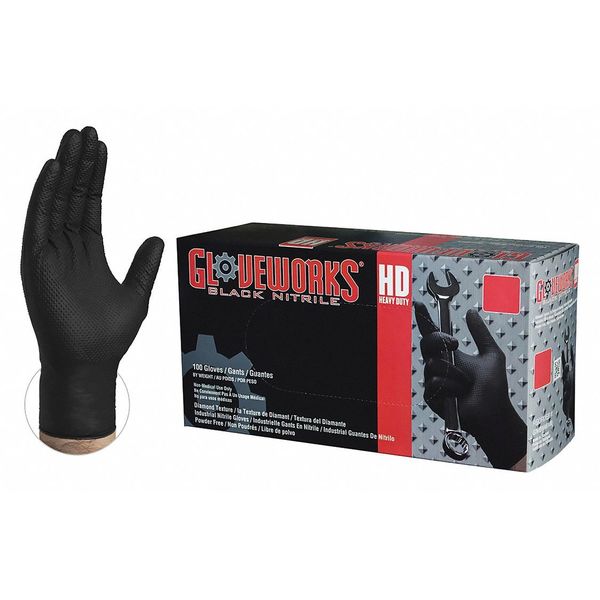 Gloveworks Hd Disposable Gloves, Nitrile, Powder Free, Black, L, 100 PK GWBN46100BX