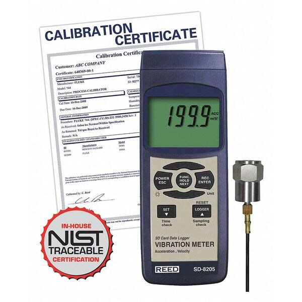 Reed Instruments SD Series Vibration Meter, Datalogger with NIST