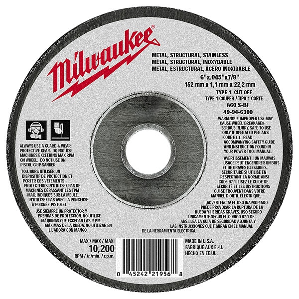 Milwaukee Tool 6 in. x .045 in. x 7/8 in. Type 1 Abrasive Metal CutOff