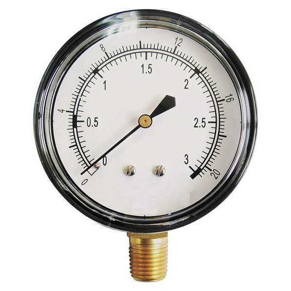 Zoro Select Pressure Gauge, 0 to 5 psi, 1/4 in MNPT, Steel, Black 18C774