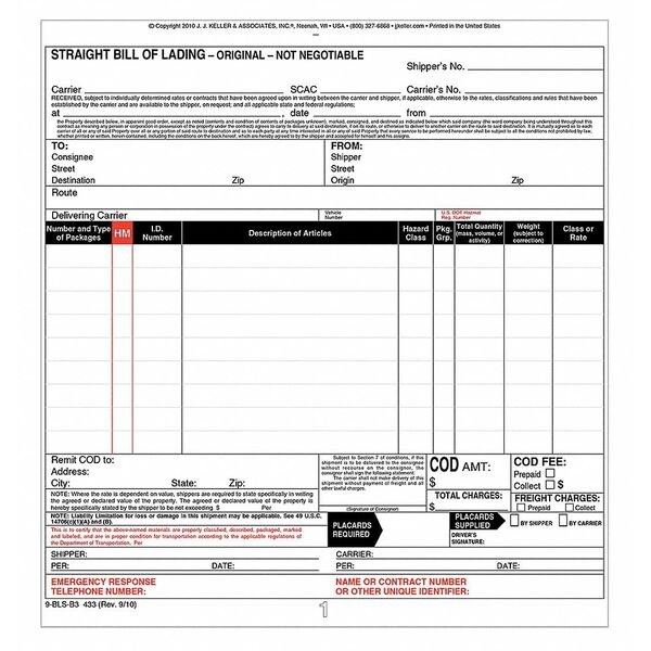 Jj Keller Bill of Lading Form, Reg Compliance, PK250 433 Zoro