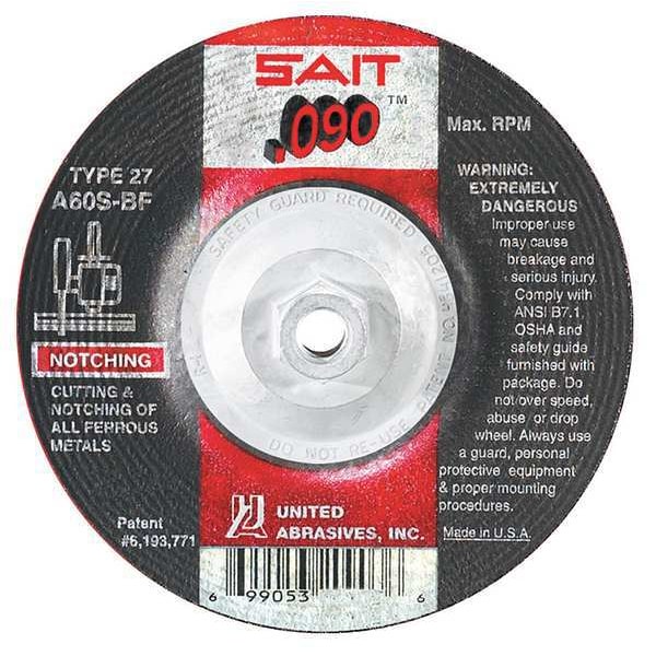 United Abrasives/Sait Depressed Center Wheels, Type 27, 9" Dia, .090" Thick, 5/8"-11 Arbor Hole Size, Aluminum Oxide 20919