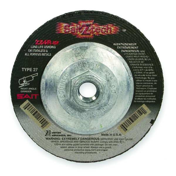 United Abrasives/Sait Depressed Center Wheels, 27, 4-1/2" Dia, 1/4" Thick, 5/8"-11 Arbor Hole Size, Zirconia Alumina 22610