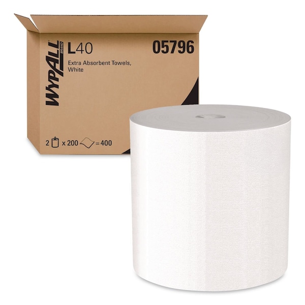 Wypall WypAll Power Clean L40 Extra Absorbent Towels 05796, Limited Use, White, 2 Center-Pull Rolls/Case, PK400 KCC 05796 - main