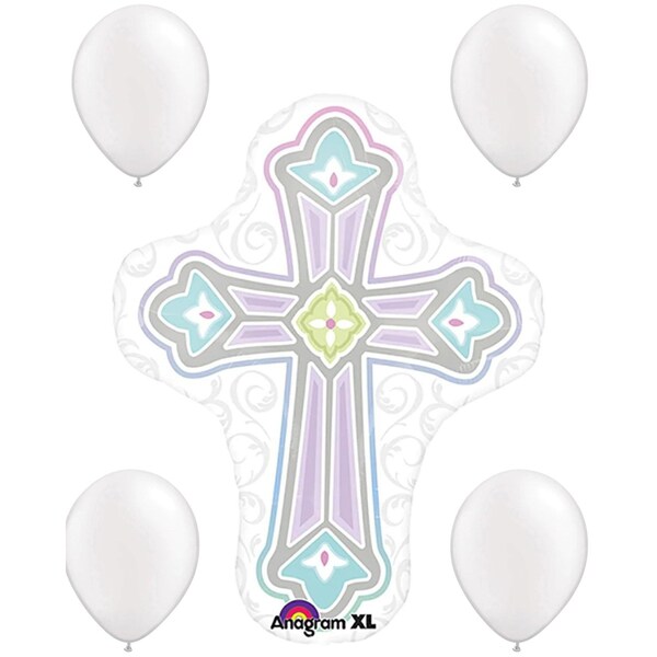 Loonballoon Religious Balloons, 28 inch 1ST COMMUNION CROSS, 4 pearl white latex set LOON-LAB-30414-01-A-P - main
