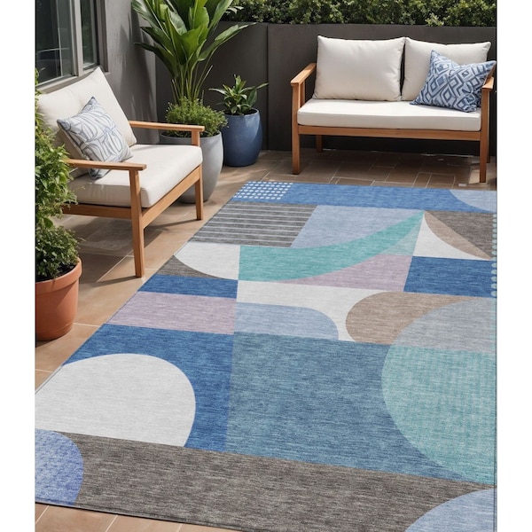 Homeroots 5' X 8' Sky Blue Teal Blue And Brown Geometric Washable Indoor Outdoor Area Rug 616743 - main