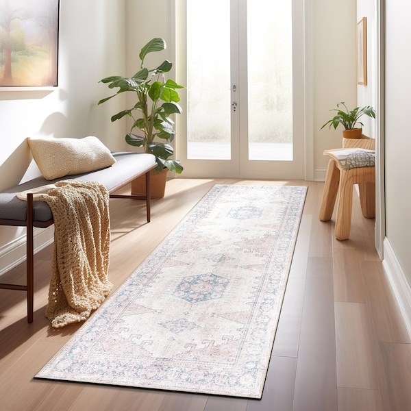 World Rug Gallery Vintage Bohemian Machine Washable Non Slip Runner Rug 2 ft 6 in x 12 ft Beige 6024BEIGE26X12 - main