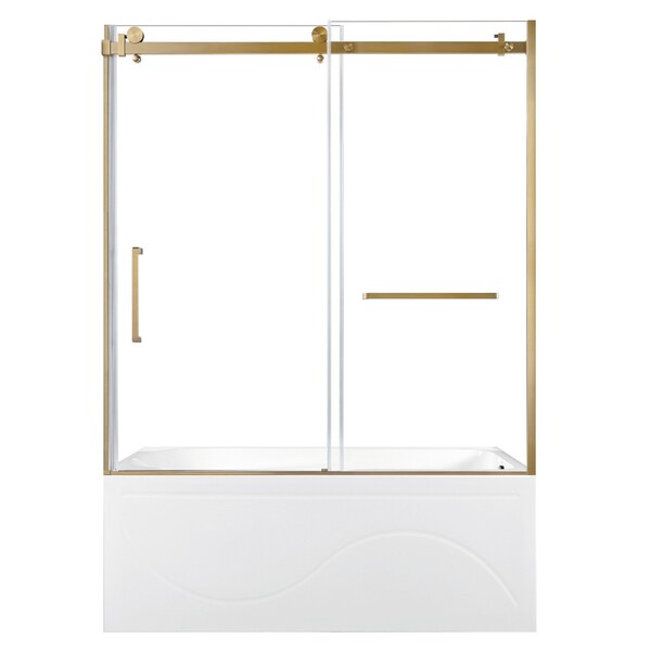 Kingston Brass 60" Acrylic Anti-Skid Alcove Right-Hand Drain Tub with Left Sliding Tub Door, White/Brushed Brass KVTAP603216R7 - main