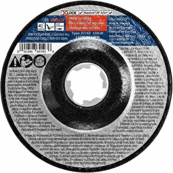 Bosch Depressed Center Grinding Wheel, Type 27, 4 1/2 in Dia, 0.25 in Thick, 7/8 in Arbor Hole Size GWX27LM450 - main