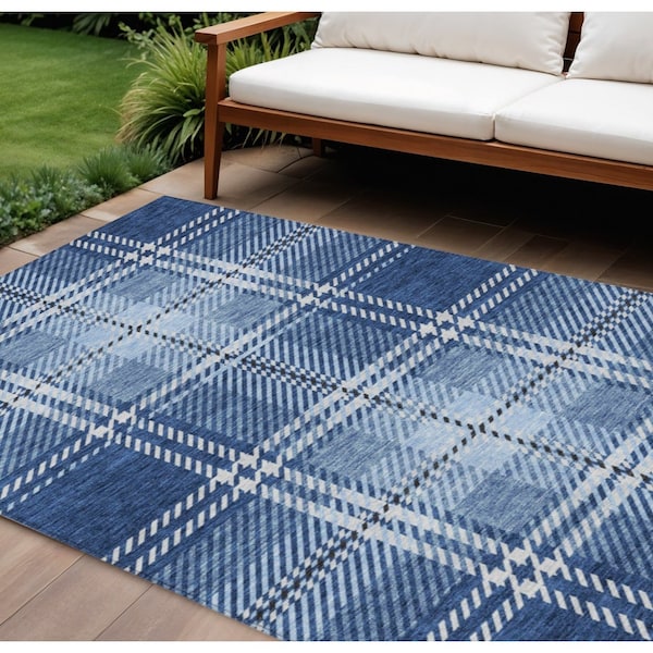 Homeroots 9' X 12' Navy Blue Black And Ivory Plaid Washable Indoor Outdoor Area Rug 596349 - main