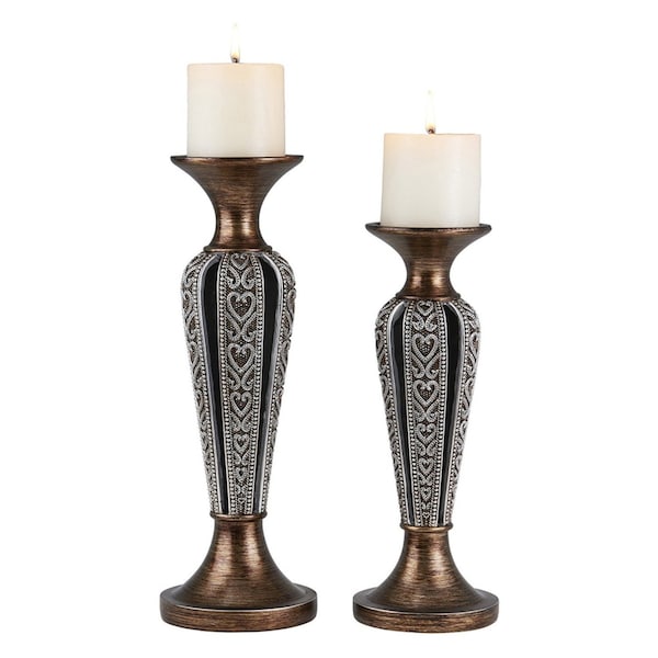 Homeroots Set of Two Bronze and Silver Polyresin Hearts Centerpiece Pillar Candle Holders With Candle, 2PK 468848 - main