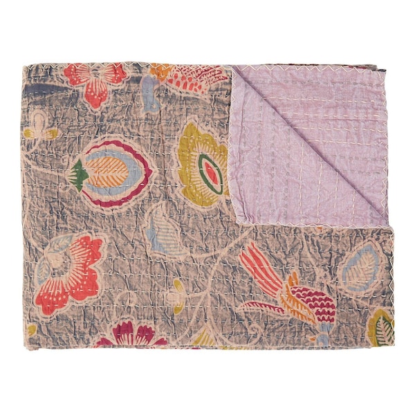 Homeroots 50" X 70" Gray and Pink Kantha Cotton Floral Throw Blanket with Embroidery 357574 - main