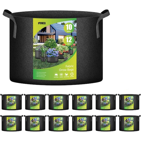 Ipower Simple Deluxe Grow Bags 10 Gallon Planter Pots with Handles, Black with 12 labels, 12PK GLGROWBAG10X6BLKX2 - main