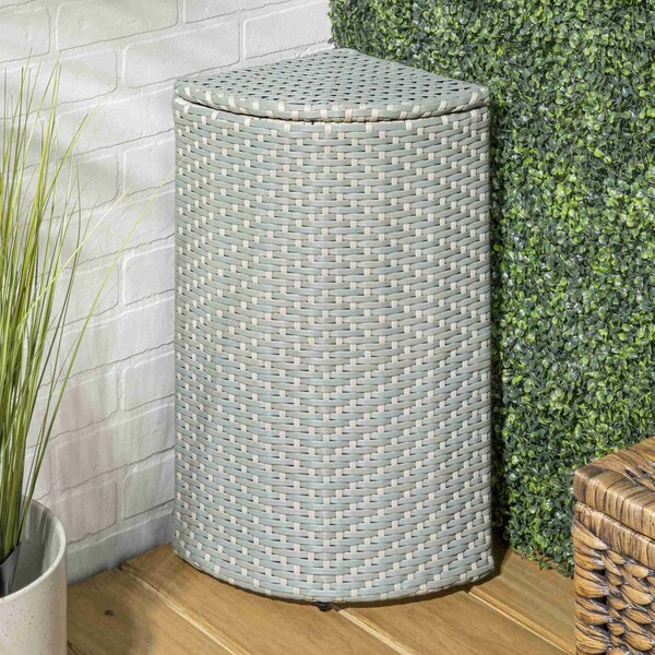 Happimess Chloe 15.56-Gallon All-Weather Wicker/Metal Corner Hideaway Outdoor Trash Can, Mint Blue/White HPM1200C - main