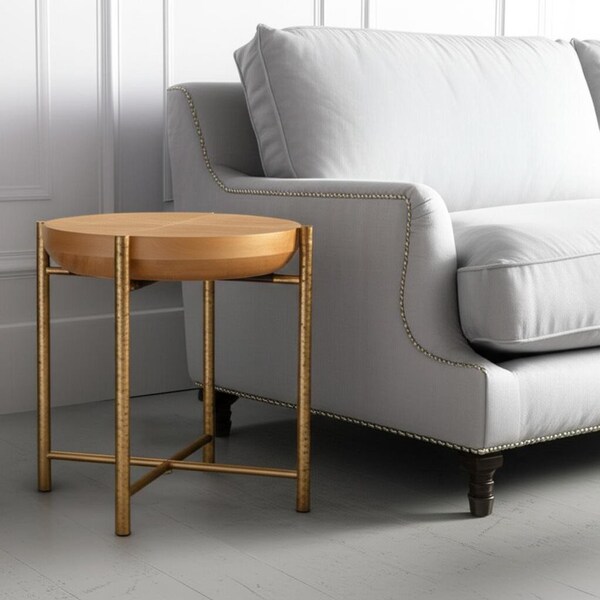 Homeroots 22" Natural and Gold Wood and Stainless Steel Round End Table 632660 - main