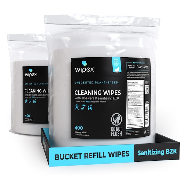 Wipex Plastic-Free Sanitizing Wipes 400ct Bucket Refills, 800 Antiseptic Hand Wipes for Gym & Fitness, 2PK WX72162BRB-2 - main