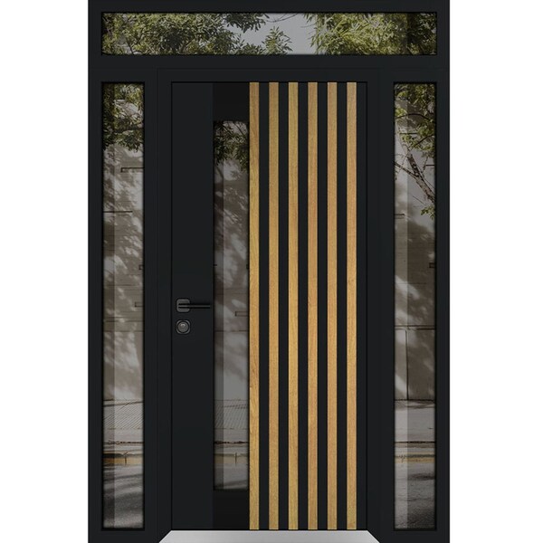 Vdomdoors Aluminum Door Cynex 6113 Natural Oak Entry Steel Metal Modern Painted W14+36+14xH80+12 Left Inswing CYNEX6113EXD-OAK-W14+36+14xH80+12-LH-I - main