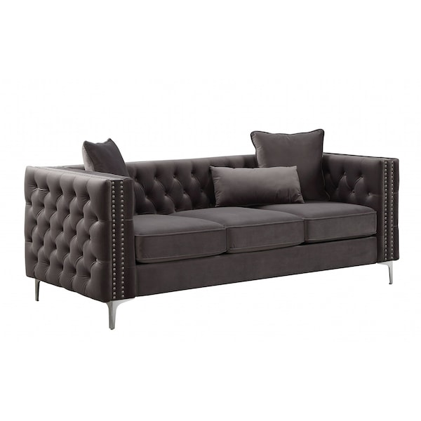 Homeroots 86" Dark Gray Velvet Sofa With Silver Legs 318845 - main