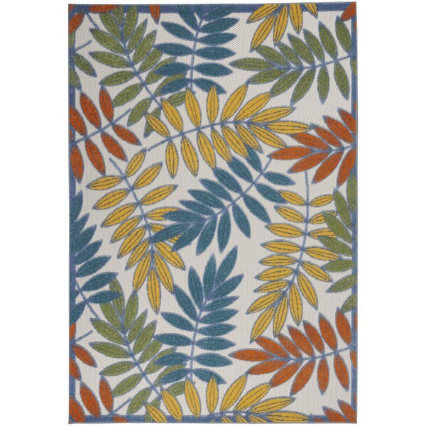 Homeroots 4' X 6' Ivory Yellow Orange Green And Blue Botanical Leaves Indoor Outdoor Area Rug 546660 - main
