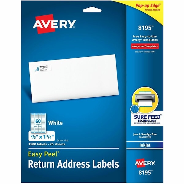 Avery Easy Peel Inkjet Return Address Labels, 2/3 x 1-3/4, White, 1500/Pack 8195 - main