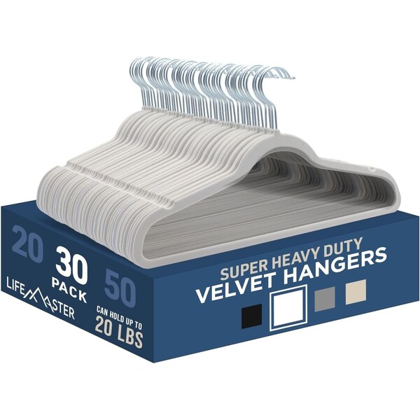 Lifemaster Velvet Hangers, Swivel Hook, Non-Slip, Heavy Duty, Holds 10 lbs, White, 30PK LMVEL30WH - main