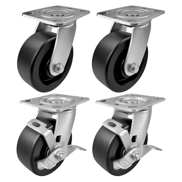 Hyw Products Heavy Duty Caster Set 5in Plastic Wheels, 2 Swivel & 2 Swivel with Brake, 4PK 40-50S-A1-HP-2,40-50S-A1-HP-TB-2 - main