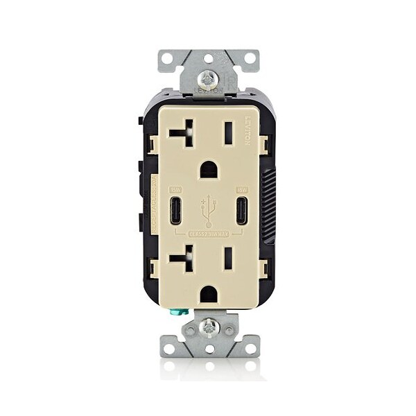 Leviton Duplex Outlet, USB C, Ivory 20A, 125V T5837-I - main