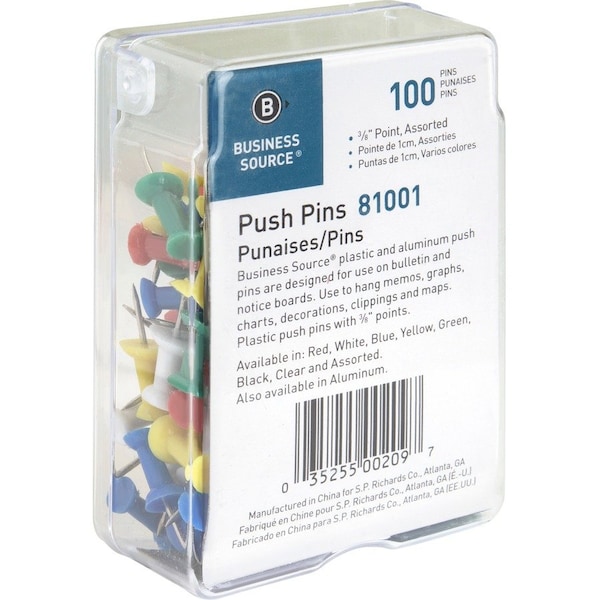 Business Source Push Pin, Assorted, Round, PK100 BSN81001 - main