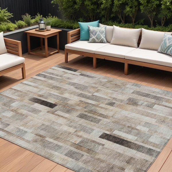 Homeroots 10' X 14' Taupe And Gray Striped Washable Indoor Outdoor Area Rug 615529 - main