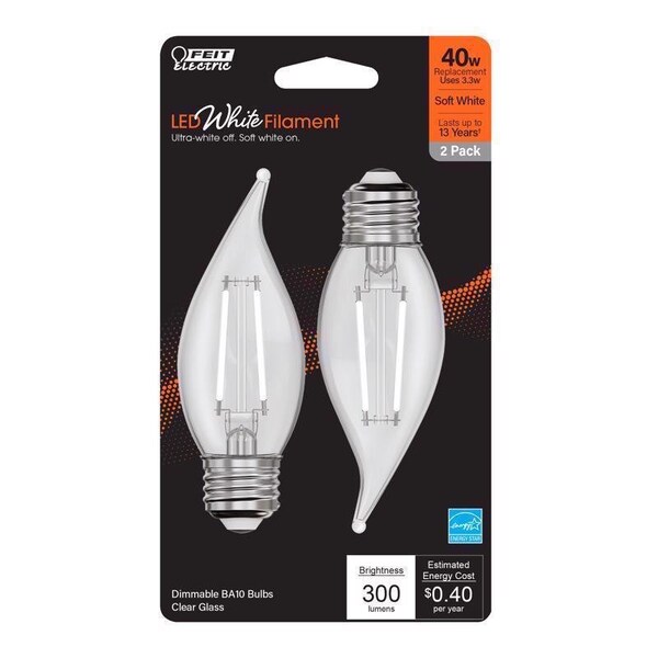 Feit Electric White BA10 E26 (Medium) Filament LED Bulb Soft White 40 Watt Equivalence, 2PK BPEFC40927WFIL2 - main