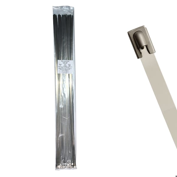 Cable Ties Unlimited Cable Tie, 42 in L, 300 lb Strength, 12.8 in Max Bundle Dia, 316 Stainless Steel, Silver, 100PK SSP42-HD - main