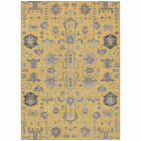 Homeroots 5' X 8' Yellow Gray And Charcoal Oriental Washable Indoor Outdoor Area Rug 582081 - main