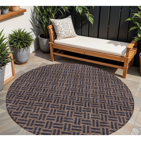 Homeroots 8' Chocolate And Black Round Geometric Washable Indoor Outdoor Area Rug 595543 - main