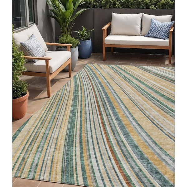 Homeroots 5' X 8' Beige Gold And Sage Striped Washable Indoor Outdoor Area Rug 614954 - main