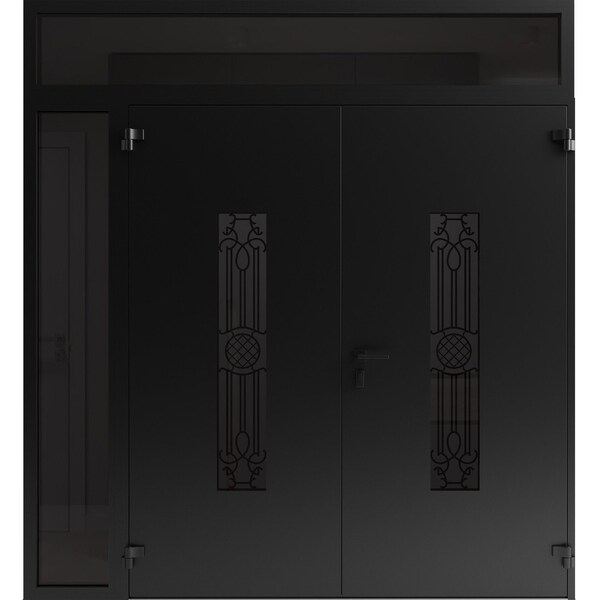 Vdomdoors Front Exterior Prehung Aluminum Double Doors Ronex1477 Black Enamel Top Transom Mirrored Clear RONEX1477DEXD-BLK-W72+16xH96+14-RH-I - main