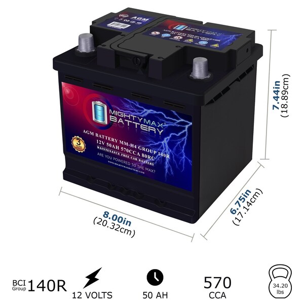 Mighty Max Battery MM-H4 Start and Stop Car BCI Group Size 140R 12V 50 AH, 80RC, 570 CCA Rechargeable AGM Car Battery MAX4159097 - main
